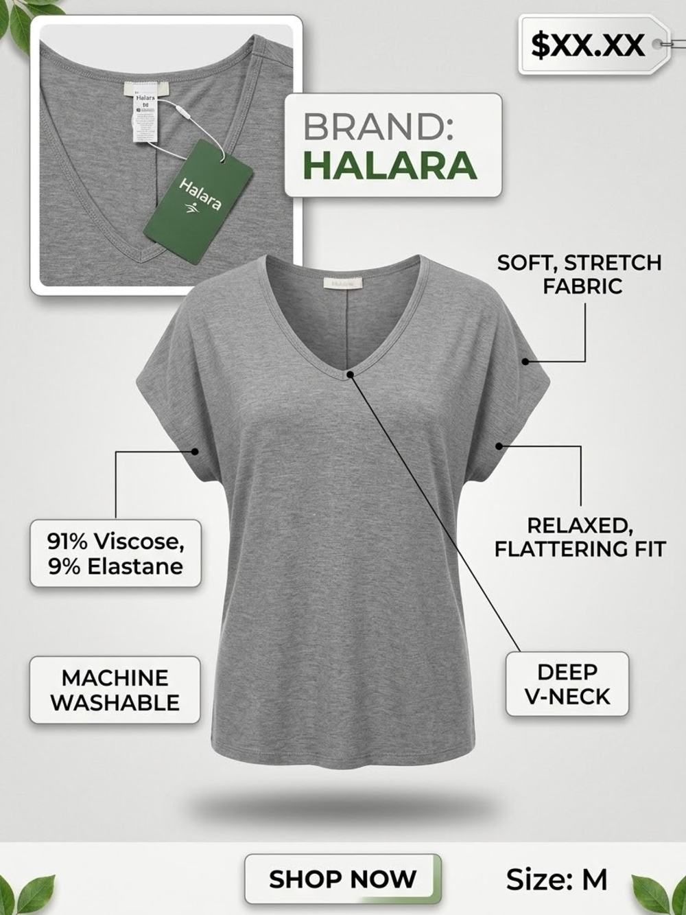 HALARA Gray Relaxed V-Neck Tee